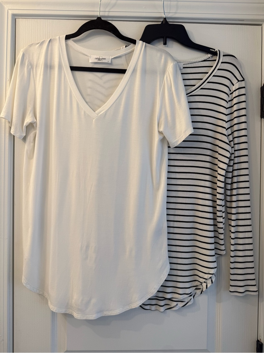 SET OF 2 CJLA TOPS: Black White Ribbed Long-Sleeve Top and White Short Sleeve